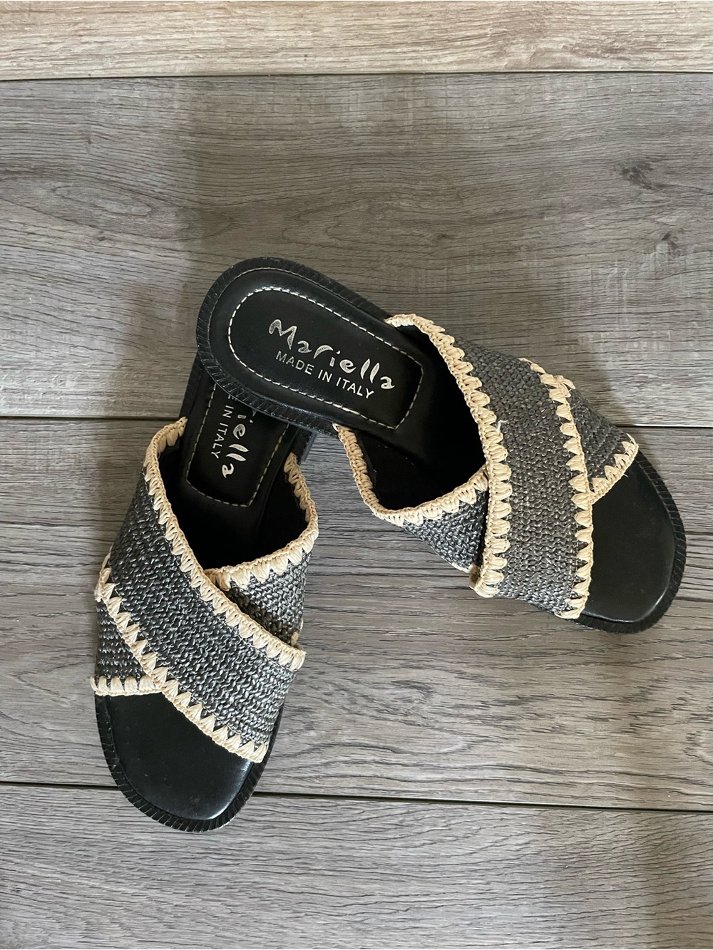 Mariella Black and Natural Woven Slide Mules